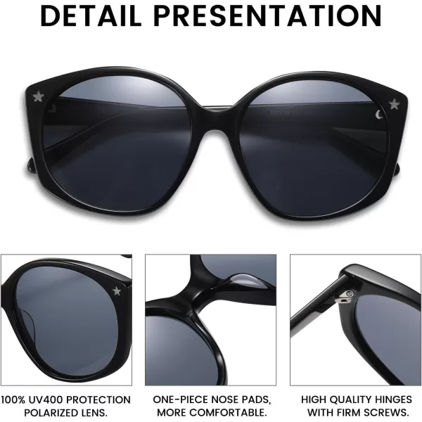 DUCO Polarized Oversized Sunglasses for Women Trendy Round Designer Sun Glasses Big Shades UV400 Protection DC1106Shine Black Frame Grey Lens