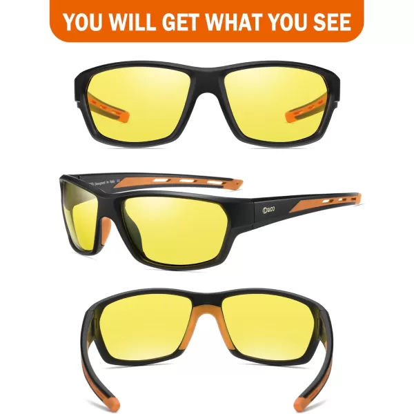 DUCO Polarized Sports HD Night Vision Glasses for Men Nighttime Driving Glasses TR90 Frame 6201Black Frame Orange Temple