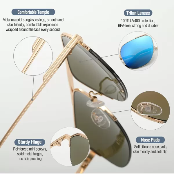 DUCO Retro Aviator Sunglasses for Mens Womens SemiRimless NonPolarized Trendy Sun Glasses Metal Frame for Driving DC3035Gold Frame Revo Blue Lens