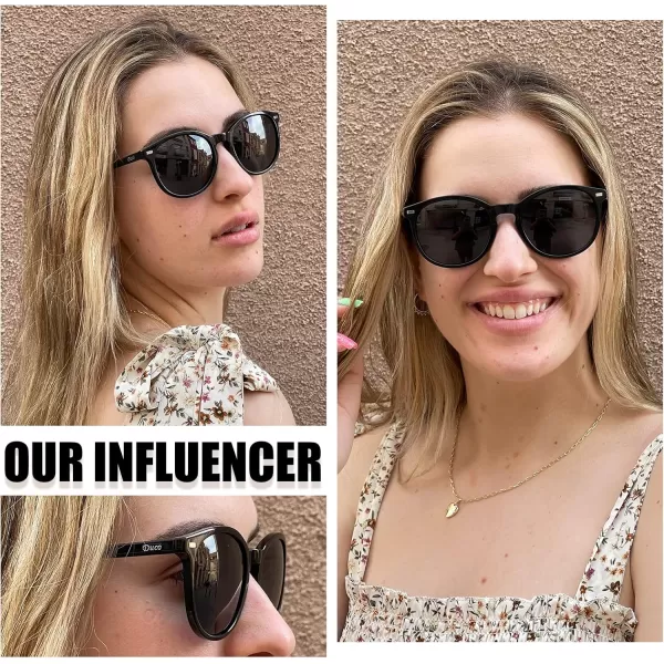 DUCO Retro Round UV400 Polarized Sunglasses for Women Men Vintage Shades Classic Acetate Trendy Fashion Sunglass DC1230Black Frame Grey Lens