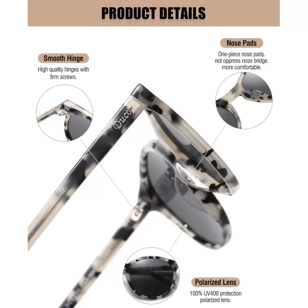 DUCO Retro Round UV400 Polarized Sunglasses for Women Men Vintage Shades Classic Acetate Trendy Fashion Sunglass DC1230Black Tortoise Frame Grey Lens