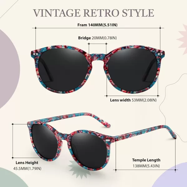 DUCO Retro Round UV400 Polarized Sunglasses for Women Men Vintage Shades Classic Acetate Trendy Fashion Sunglass DC1230Candy Phoenix Frame Grey Lens