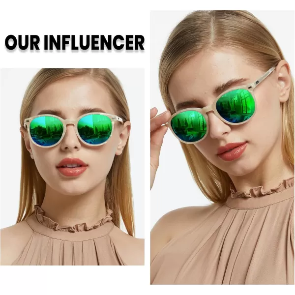 DUCO Retro Round UV400 Polarized Sunglasses for Women Men Vintage Shades Classic Acetate Trendy Fashion Sunglass DC1230Mermaid White Frame Revo Green Lens