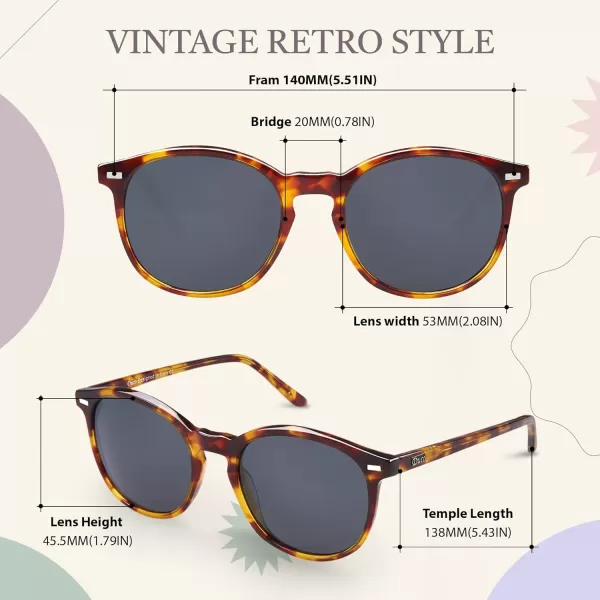 DUCO Retro Round UV400 Polarized Sunglasses for Women Men Vintage Shades Classic Acetate Trendy Fashion Sunglass DC1230Tortoise Frame Grey Lens