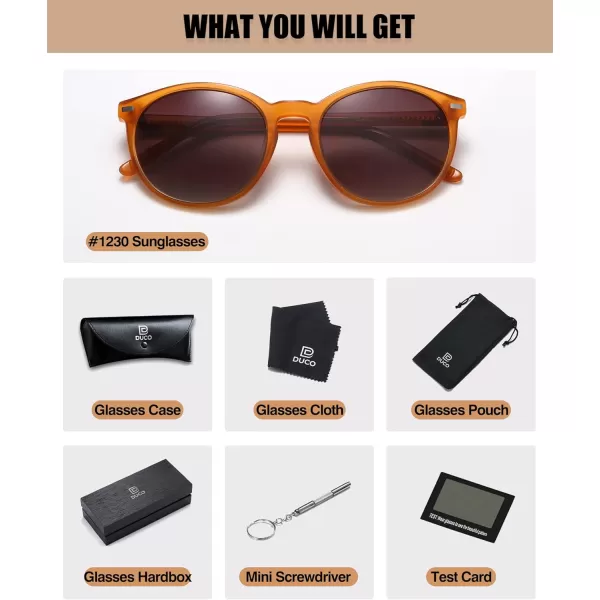 DUCO Retro Round UV400 Polarized Sunglasses for Women Men Vintage Shades Classic Acetate Trendy Fashion Sunglass DC1230Transparent Brown Frame Brown Lens