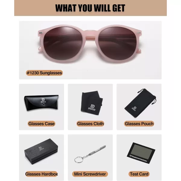 DUCO Retro Round UV400 Polarized Sunglasses for Women Men Vintage Shades Classic Acetate Trendy Fashion Sunglass DC1230Transparent Pink Frame Brown Lens