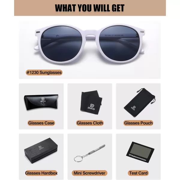 DUCO Retro Round UV400 Polarized Sunglasses for Women Men Vintage Shades Classic Acetate Trendy Fashion Sunglass DC1230White Frame Grey Lens