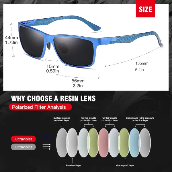 DUCO Square Polarized Sunglasses for Men LightWeight Carbon Fiber UV400 Protection Sun Glasses 8206Blue Frame Blue Temple Grey Lens