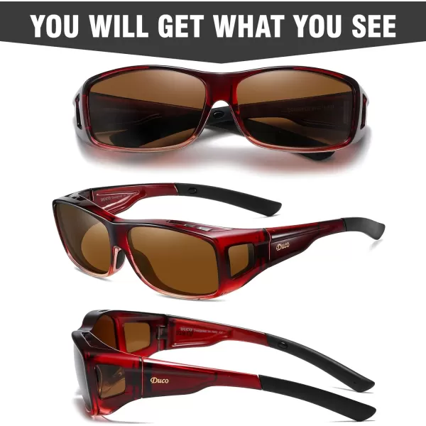 DUCO Wraparound Fitover Glasses Polarized Wear Over Sunglasses for Men Women UV Protection Sun Glasses Driving 8953L Size Wine Red Frame Brown Lens