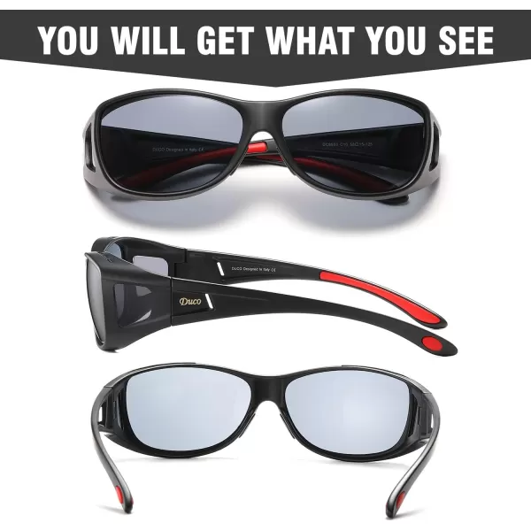 DUCO Wraparound Fitover Glasses Polarized Wear Over Sunglasses for Men Women UV Protection Sun Glasses Driving 8953M Size Black Frame Red Temple Grey Lens