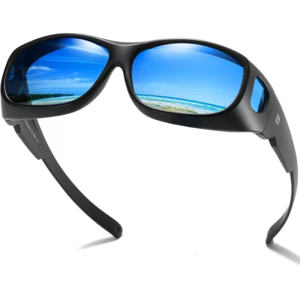 DUCO Fit Over Sunglasses Wraparound Sunglasses for Men Women Polarized Wear Over Sun Glasses UV Protection DC8965Matte Black Frame Blue Lens