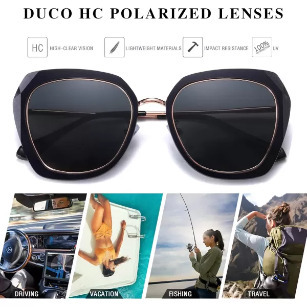 DUCO Oversized Square Polarized Sunglasses for Women Diamond Trim Style UV Protection Designer Sun Glasses DC1225Black Grey