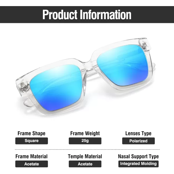 DUCO Polarized Sunglasses Women Men Luxury Acetate Mens Sunglasses Trendy Retro Square Sun Glasses UV400 DC2368Transparent Frame Revo Blue Lens
