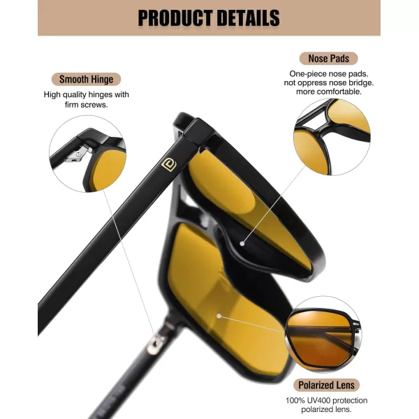 DUCO Retro Vintage Square Polarized Aviator Sunglasses Womens Mens Double Bridge Sun Glasses DC3001Black Frame Yellow Lens