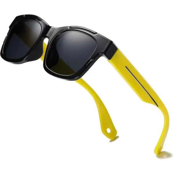 DUCO Polarized Kids Sunglasses Boys Cute Unbreakable Sunglasses for Kids UV400 Protection Age 610 K019Black Frame Yellow Temple