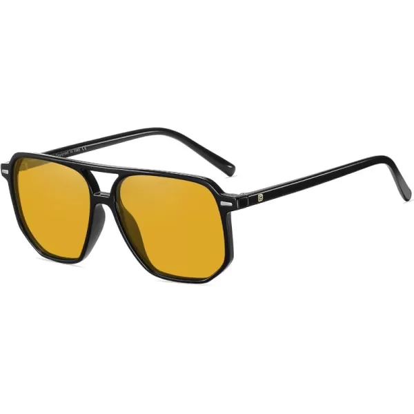 DUCO Retro Vintage Square Polarized Aviator Sunglasses Womens Mens Double Bridge Sun Glasses DC3001Black Frame Yellow Lens