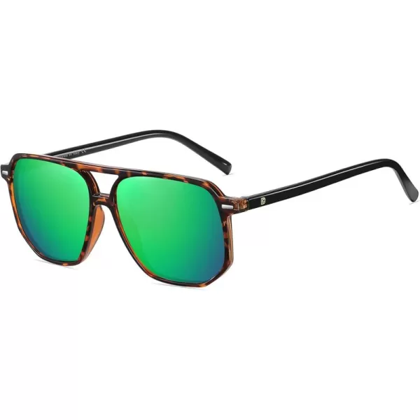 DUCO Retro Vintage Square Polarized Aviator Sunglasses Womens Mens Double Bridge Sun Glasses DC3001Brwon Tortoise Frame Revo Green Lens
