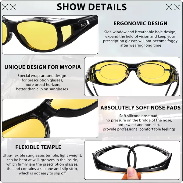 imageDUCO Night Vision Driving Glasses Fit Over Glasses for Men and Women Anti Glare Polarized Yellow Nighttime Lens 8953YA01m Size Black Frame Night Vision Lens