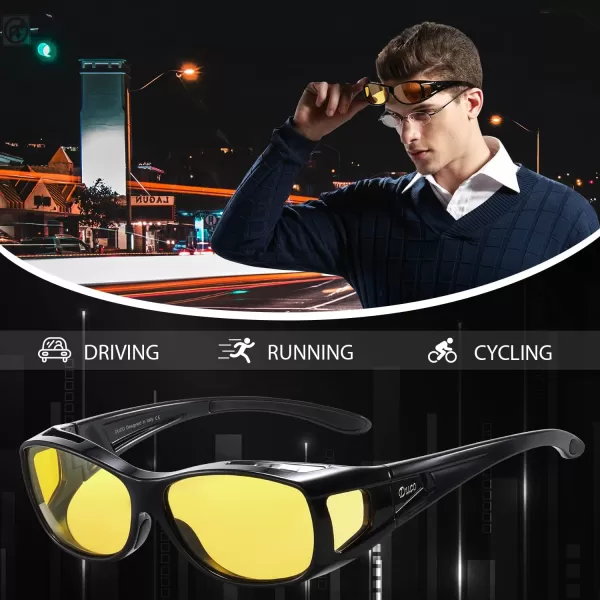 imageDUCO Night Vision Driving Glasses Fit Over Glasses for Men and Women Anti Glare Polarized Yellow Nighttime Lens 8953YA01m Size Black Frame Night Vision Lens
