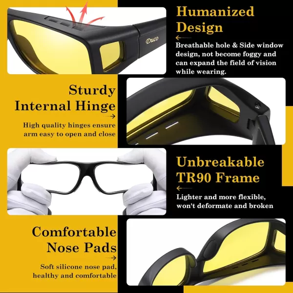 imageDUCO Night Vision Driving Glasses Fit Over Glasses for Men and Women Anti Glare Polarized Yellow Nighttime Lens 8953YB02l Size Matte Black Frame Night Vision Lens