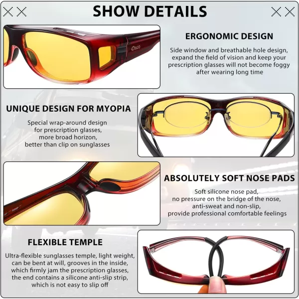imageDUCO Night Vision Driving Glasses Fit Over Glasses for Men and Women Anti Glare Polarized Yellow Nighttime Lens 8953YB04l Size Wine Red Frame Night Vision Lens