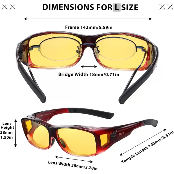 imageDUCO Night Vision Driving Glasses Fit Over Glasses for Men and Women Anti Glare Polarized Yellow Nighttime Lens 8953YB04l Size Wine Red Frame Night Vision Lens