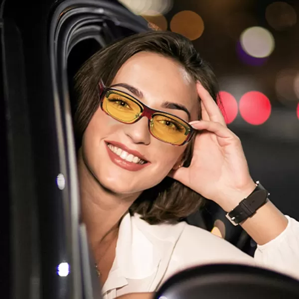 imageDUCO Night Vision Driving Glasses Fit Over Glasses for Men and Women Anti Glare Polarized Yellow Nighttime Lens 8953YB04l Size Wine Red Frame Night Vision Lens