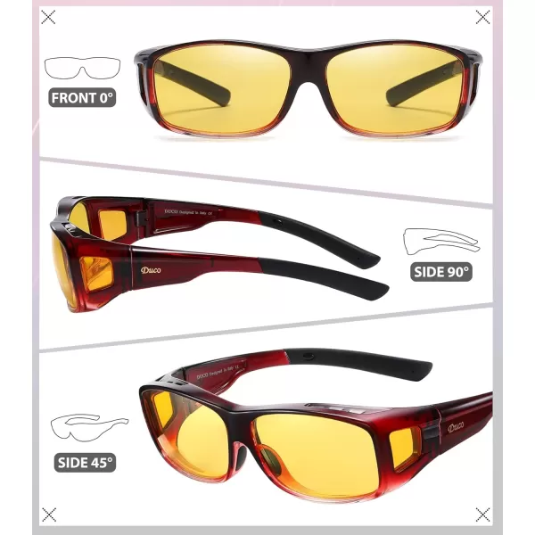 imageDUCO Night Vision Driving Glasses Fit Over Glasses for Men and Women Anti Glare Polarized Yellow Nighttime Lens 8953YB04l Size Wine Red Frame Night Vision Lens