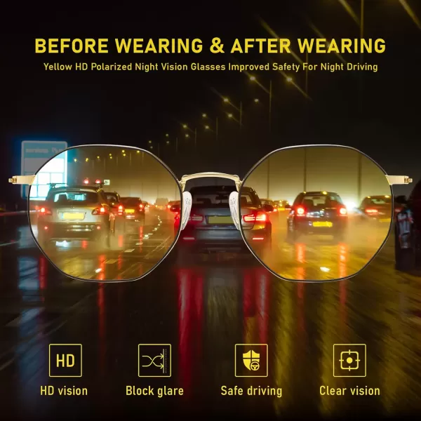 imageDUCO Night Vision Glasses for Men Women Chic Metal Polygon Frame AntiGlare UV400 Protection Yellow Polarized Lens 309YBlack Gold Frame Night Vision Lens