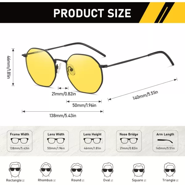 imageDUCO Night Vision Glasses for Men Women Chic Metal Polygon Frame AntiGlare UV400 Protection Yellow Polarized Lens 309YMatte Black Frame Night Vision Lens