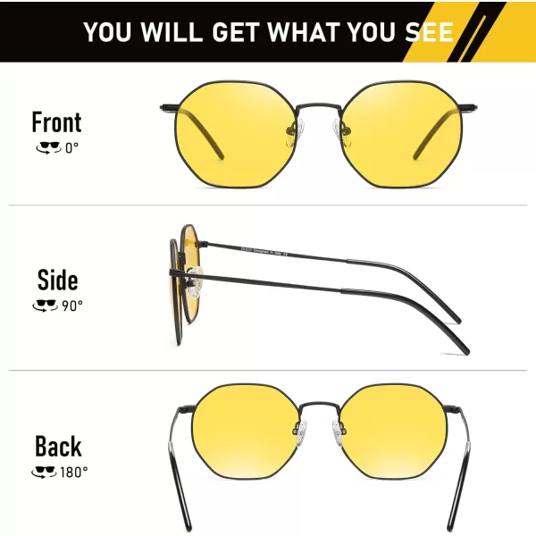 imageDUCO Night Vision Glasses for Men Women Chic Metal Polygon Frame AntiGlare UV400 Protection Yellow Polarized Lens 309YMatte Black Frame Night Vision Lens
