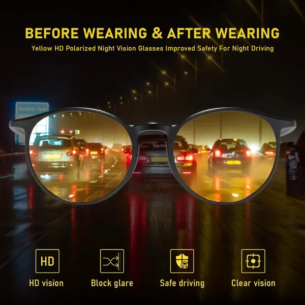 imageDUCO Night Vision Glasses for Men Women Round Anti Glare Glasses Night Driving Polarized UV400 Protection Yellow Glasses 305YBlack Frame Night Vision Lens