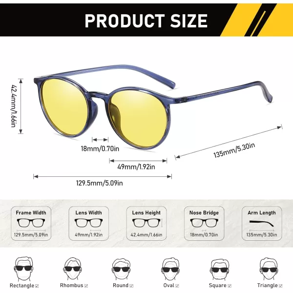 imageDUCO Night Vision Glasses for Men Women Round Anti Glare Glasses Night Driving Polarized UV400 Protection Yellow Glasses 305YTransparent Blue Frame Night Vision Lens