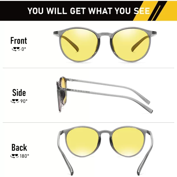 imageDUCO Night Vision Glasses for Men Women Round Anti Glare Glasses Night Driving Polarized UV400 Protection Yellow Glasses 305YTransparent Gray Frame Night Vision Lens