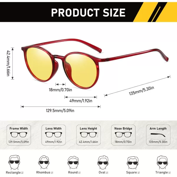 imageDUCO Night Vision Glasses for Men Women Round Anti Glare Glasses Night Driving Polarized UV400 Protection Yellow Glasses 305YWine Red Frame Night Vision Lens