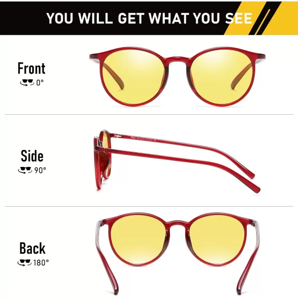 imageDUCO Night Vision Glasses for Men Women Round Anti Glare Glasses Night Driving Polarized UV400 Protection Yellow Glasses 305YWine Red Frame Night Vision Lens
