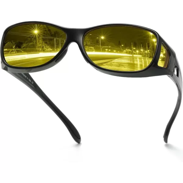 imageDUCO Night Vision Driving Glasses Fit Over Glasses for Men and Women Anti Glare Polarized Yellow Nighttime Lens 8953YA01m Size Black Frame Night Vision Lens