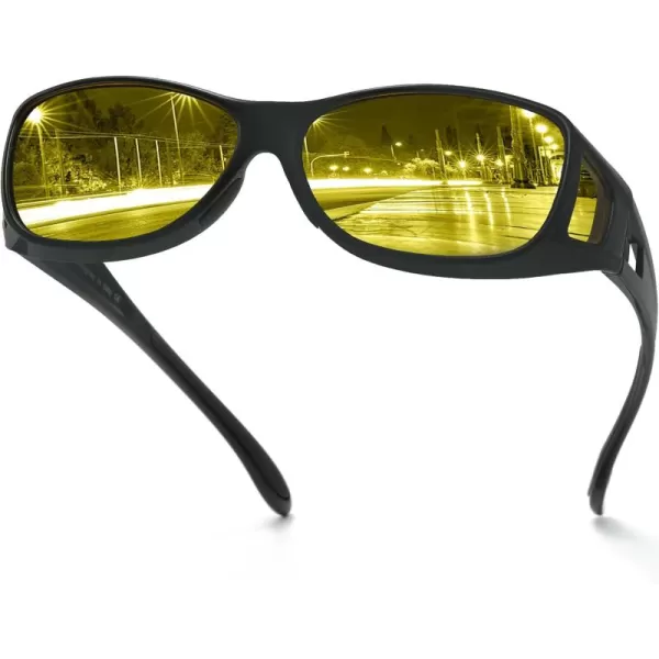 imageDUCO Night Vision Driving Glasses Fit Over Glasses for Men and Women Anti Glare Polarized Yellow Nighttime Lens 8953YA02m Size Matte Black Frame Night Vision Lens