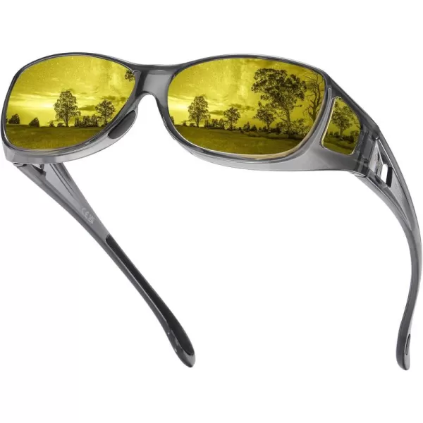 imageDUCO Night Vision Driving Glasses Fit Over Glasses for Men and Women Anti Glare Polarized Yellow Nighttime Lens 8953YA03m Size Transparent Grey Frame Night Vision Lens