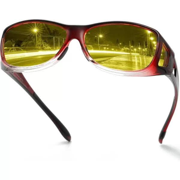 imageDUCO Night Vision Driving Glasses Fit Over Glasses for Men and Women Anti Glare Polarized Yellow Nighttime Lens 8953YA04m Size Wine Red Frame Night Vision Lens