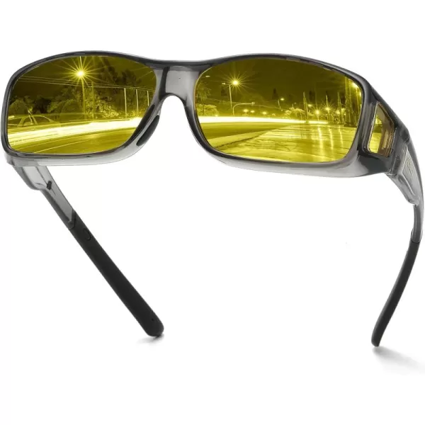 imageDUCO Night Vision Driving Glasses Fit Over Glasses for Men and Women Anti Glare Polarized Yellow Nighttime Lens 8953YB03l Size Transparent Grey Frame Night Vision Lens