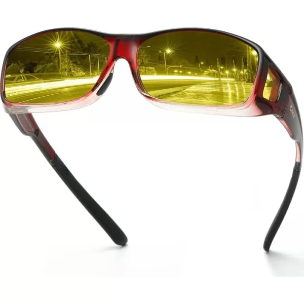 imageDUCO Night Vision Driving Glasses Fit Over Glasses for Men and Women Anti Glare Polarized Yellow Nighttime Lens 8953YB04l Size Wine Red Frame Night Vision Lens