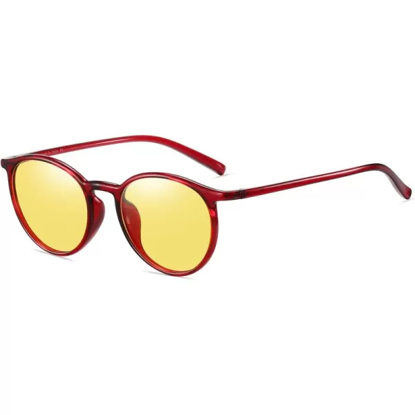 imageDUCO Night Vision Glasses for Men Women Round Anti Glare Glasses Night Driving Polarized UV400 Protection Yellow Glasses 305YWine Red Frame Night Vision Lens