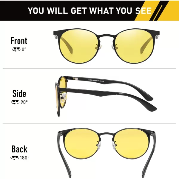 imageDUCO Night Vision Glasses with Metal Round Frame for Men and Women AntiGlare UV400 Protection Yellow Polarized Lens 308YBlack Frame Night Vision Lens