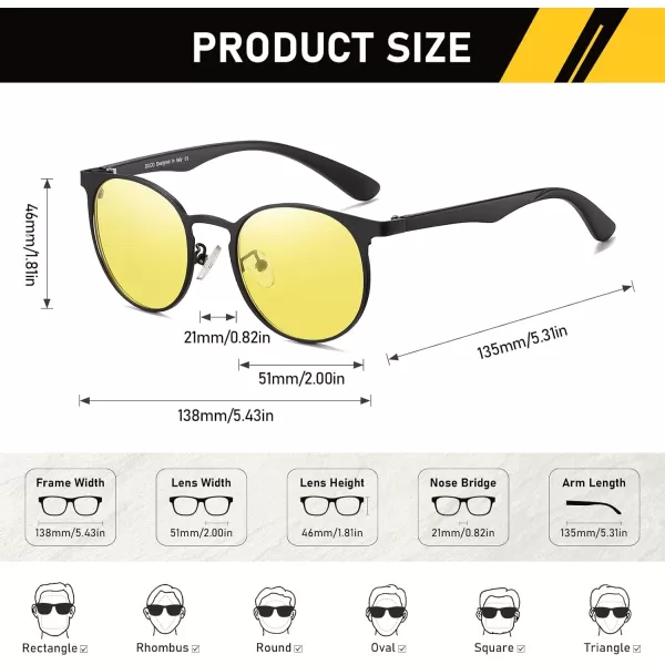 imageDUCO Night Vision Glasses with Metal Round Frame for Men and Women AntiGlare UV400 Protection Yellow Polarized Lens 308YBlack Frame Night Vision Lens