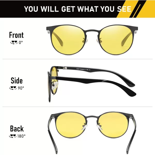 imageDUCO Night Vision Glasses with Metal Round Frame for Men and Women AntiGlare UV400 Protection Yellow Polarized Lens 308YGunmetal Frame Night Vision Lens