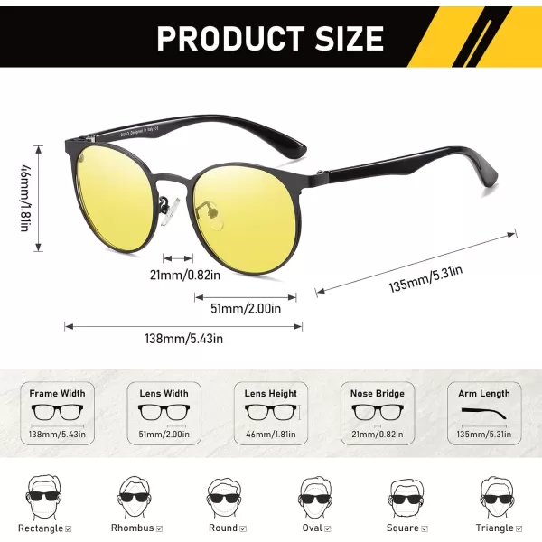imageDUCO Night Vision Glasses with Metal Round Frame for Men and Women AntiGlare UV400 Protection Yellow Polarized Lens 308YGunmetal Frame Night Vision Lens