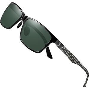 imageDUCO Mens Sunglasses Polarized Rectangle Sunglass for Men Lightweight Carbon Fiber UV400 Protection 8206Black Frame Black Gold Temple Dark Green Lens