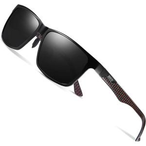 imageDUCO Mens Sunglasses Polarized Rectangle Sunglass for Men Lightweight Carbon Fiber UV400 Protection 8206Black Frame Black Red Temple Grey Lens