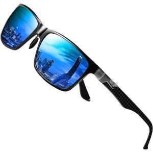 imageDUCO Mens Sunglasses Polarized Rectangle Sunglass for Men Lightweight Carbon Fiber UV400 Protection 8206Black Frame Black Temple Revo Blue Lens